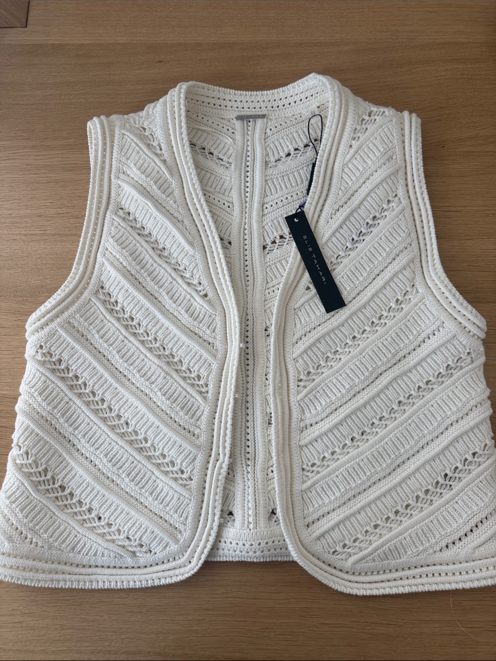 NWT Elie Tahari Cream Crochet Open-Front Vest